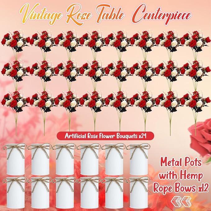 Domensi 12 Sets Wedding Centerpiece for Table Artificial Rose with Vase Fake Bouquets and Metal Pot Flower Arrangements for Bridal Shower Birthday Party Event Table Decor (Red,Champagne)