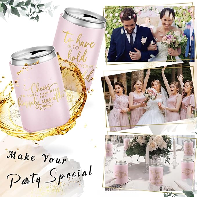 Qinyoung 50 Pieces Pink Rose Wedding Can Cooler Bulk Engagement Party Favors for Guests Cheers to Love Laughter and Happily Ever After Rehearsal Dinner Decorations for Wedding Bridal Party