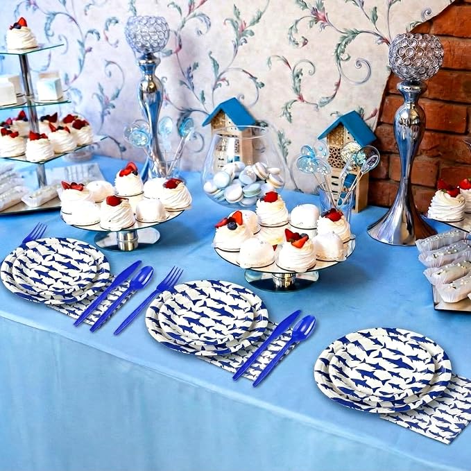 Vesici 350 Pcs Shark Birthday Plates and Napkins Tableware Set with Ocean Shark Napkins Plates Cups Straws and Forks Disposable Tableware Sets for Summer Under The Sea Birthday Party Supplies
