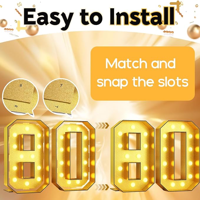 Light Up Numbers 80, 4FT Light Up Numbers Marquee 80 Gold Large Mosaic Number for Men Women, Giant Number Pre-Cut Foam Board Kit for 80th Birthday Anniversary