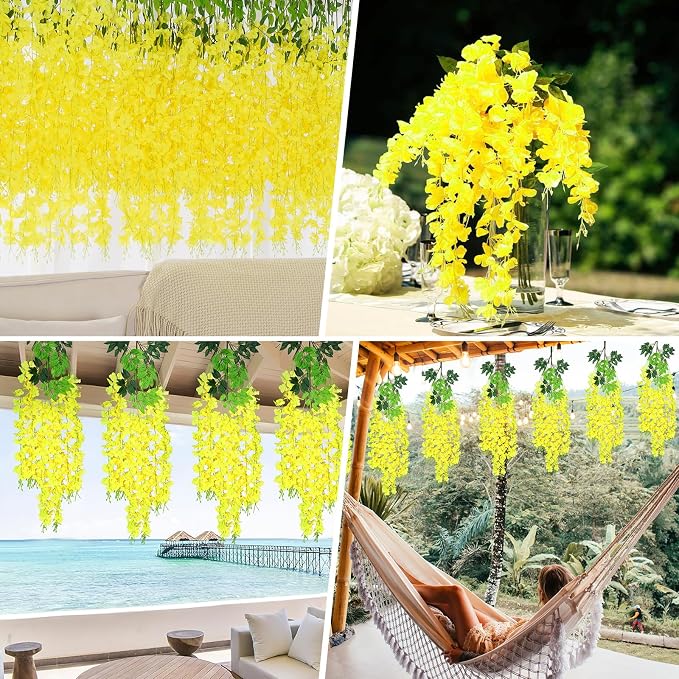 BLEUM CADE 36Pcs Yellow Fake Wisteria Hanging Flowers, 3.6Ft/Pcs Artificial Wisteria Garland, Hanging Flowers for Wedding Party Home Backdrop Wall Decoration