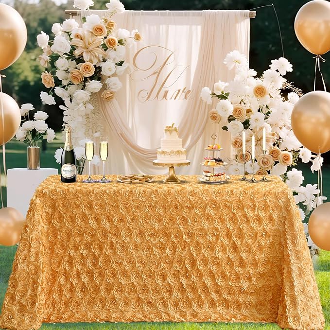 B-COOL Gold Tablecloth Rosette 90x132 Inch 3D Floral Wedding Table Fabric Rectangle Rose Satin Table Overlay for Birthday Wedding Anniversary Party Holiday Decorations