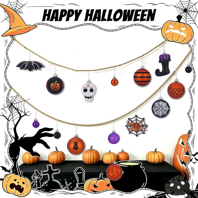 100Pcs Halloween Hanging Ball Ornaments, Ornaments Tree Decorations, Shatterproof Plastic Balls for Cute Holiday Party Indoor Home Decor (100Pcs)