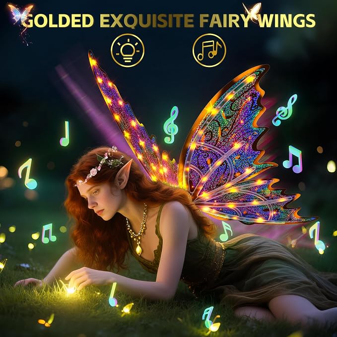 maysida Gold Fairy Wings for Kids and Girls, Light-up Electric Sparkling Wings Princess Halloween Set with Wand, Crown, Butterfly Wings – Ideal for Cosplay, Party, Birthday, Christmas