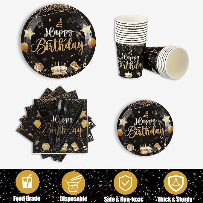 Vesici 171 Pcs Happy Birthday Party Supplies 24 Set Disposable Party Tableware include Plates Cups Napkins Cutlery and Banner Tablecloth Birthday Dinner Decorations for Men Woman(Black, Gold)