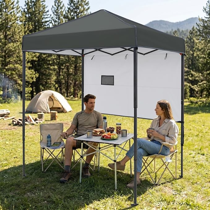 EAGLE PEAK 6x4 Instant Pop Up Canopy Tent with 1 Half Wall Panel, Straight Leg Sun Shelter, Portable Canopy with Carry Bag for Camping, Beach & Sports, Dark Gray