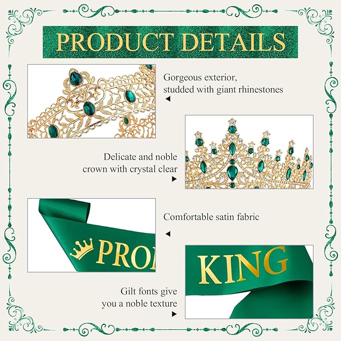 Retrowavy 4 Pcs Prom King and Queen Crown Set with Sashes Prom King Queen Sash and Tiara Set for 2026 Grad Birthday Carnival Wedding Costume Accessories(Dark Green)