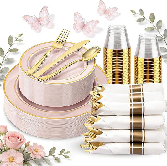 WDF Partyware 175PCS Pink plastic Plates - Pink Disposable Plates 25Guests Disposable Dinnerware Sets with Rolled Napkins for Wedding/Birthday/Baby Shower/Mother's Day