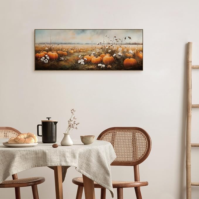 TLESKE Vintage Fall Pumpkin Farmhouse Large Wall Art Decor Framed 15x40 | Autumn Pumpkin Field Landscape Canvas Wall Art Print for Bedroom Living Room, Rustic Farm Harvest Wall Artwork Picture