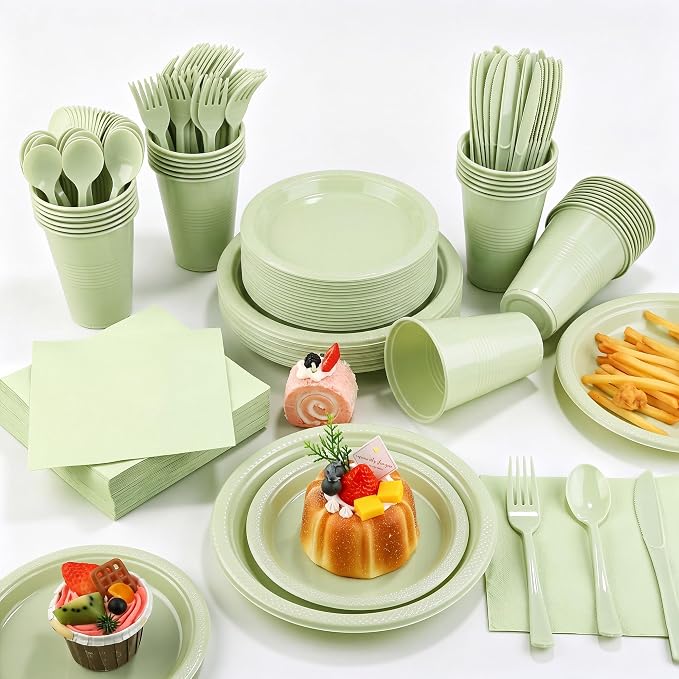 Kochorie 480 Pieces Sage Green Plastic Dinnerware Set Disposable Heavy Duty Plates Napkins Cups Silverware Dessert Dinner Plates for Birthday Wedding Baby Shower Party Supplies, Serves 60 Guests