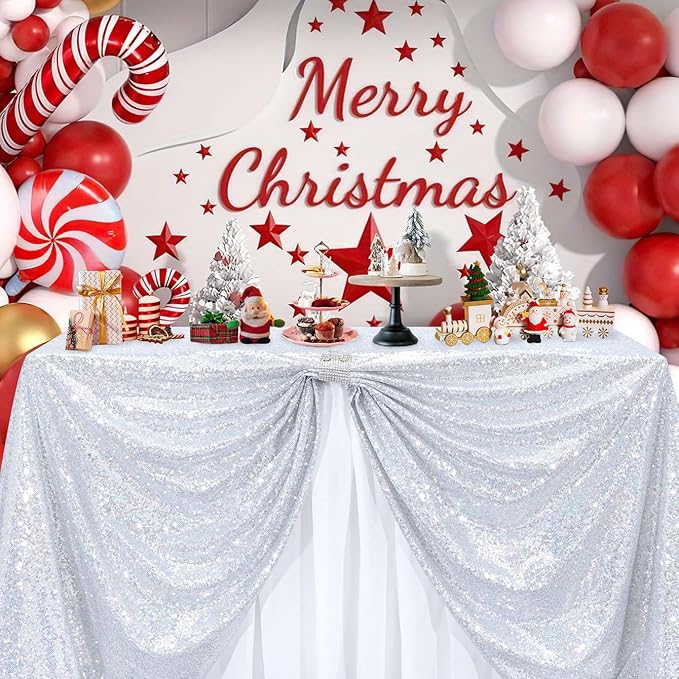 B-COOL Shimmering Sequin Tablecloth Christmas Rectangle Table Cloth Linen Glitter Cake Table Cloth 90x90 Inch for Wedding Party Banquet, Laser Silver
