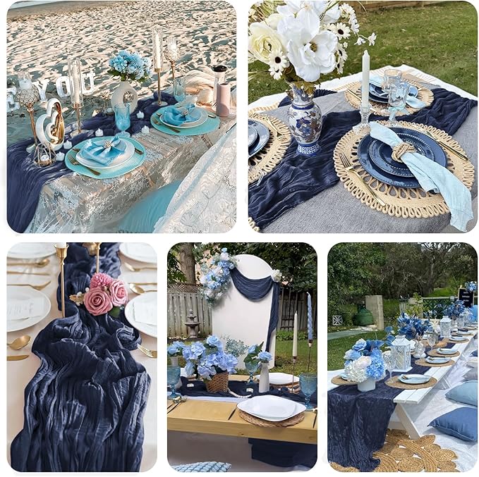 3 Pack Navy Blue Cheesecloth Table Runner 10FT Boho Gauze Cheese Cloth Table Runner Blue for Wedding Party Baby Shower Birthday Home Decor Holiday Decorations
