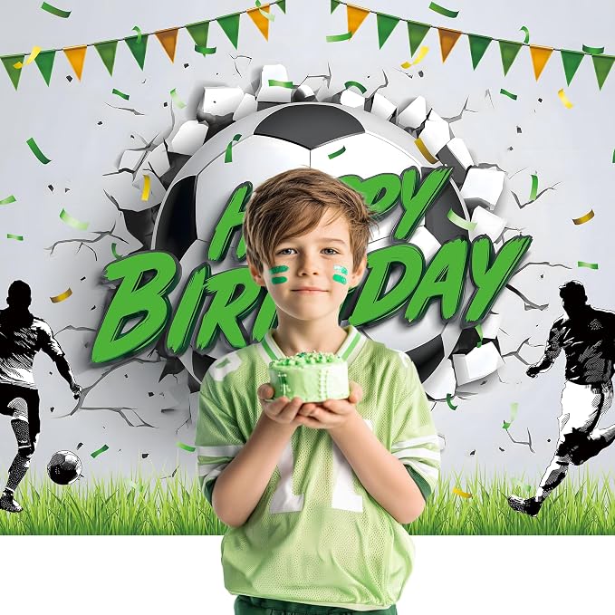 Soccer Happy Birthday Backdrop Football Theme Breaking The Wall Baby Party Banner for Kids Boys Photography Background Decoration Colorful Flags Green Grass Fabric Photo Shoot Studio Props