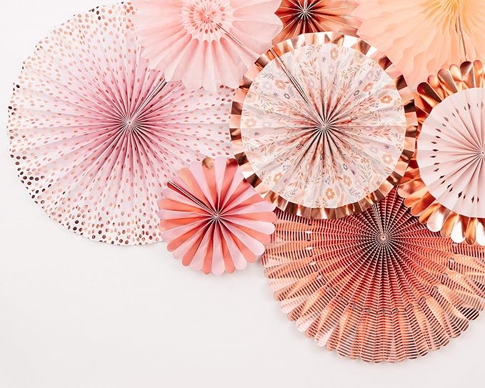 PapaKit 8-Piece Origami Paper Fan Set - Lustrous Pink Coral & Metallic Rose Gold | Reusable Hanging Pinwheel Wall Backdrop for Girls Birthday, Boho Baby Shower, Wedding & Bridal Party Decorations