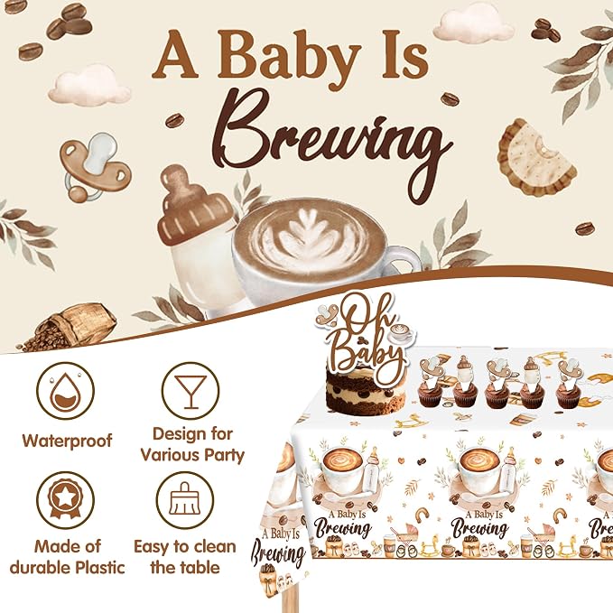A Baby Is Brewing Baby Shower Decorations - Coffee Theme Party Supplies Include Balloon Garland Arch, Backdrop, Tablecloth, 4 Boxes, Cake Toppers - Neutral Brown Latte Decor