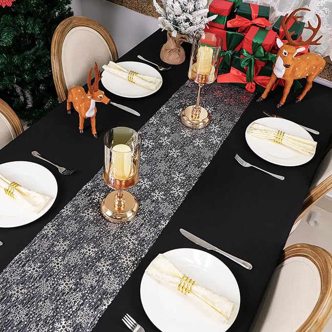 Snowkingdom Christmas Snowflake Silver Table Runner 11 Inch x 49 Feet Sparkly Silver Foil Glitter Metallic Mesh Runners Dining Table Decorations for Seasonal Winter Xmas Festival Holiday Home Party