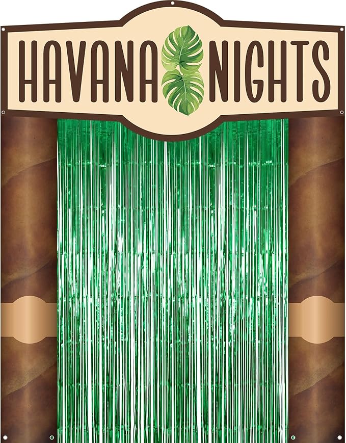 Peryiter 5 Pcs Havana Nights Party Decorations Cuban Party Decoration Arch Banners, Green Foil Fringe Curtains for Cuban Tropical Photo Booth & Entrance Backdrop Birthday Baby Shower Favors