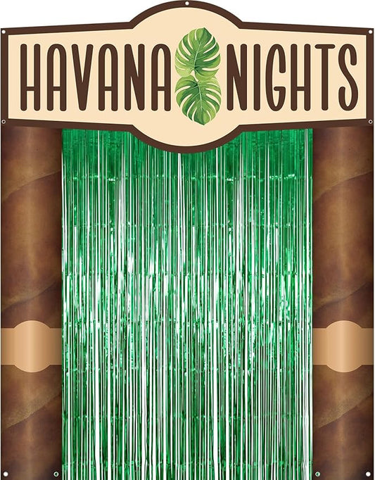 Peryiter 5 Pcs Havana Nights Party Decorations Cuban Party Decoration Arch Banners, Green Foil Fringe Curtains for Cuban Tropical Photo Booth & Entrance Backdrop Birthday Baby Shower Favors