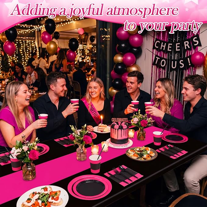 Funnymoom 452 Pcs Hot Pink and Black Party Supplies Serves 50 Guest, Pink and Black Paper Plates Cups Napkins Tablecloth Cutlery Straw Tableware Set for Birthday Wedding Bachelorette Party Decoration