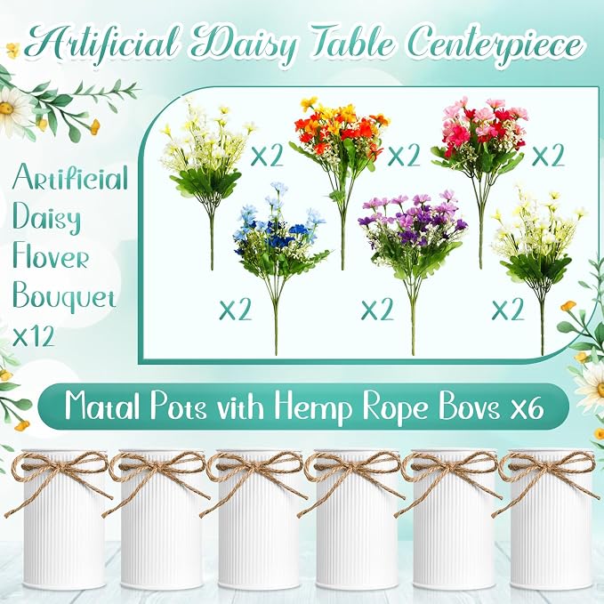 6 Sets Spring Daisy Table Centerpieces Colorful Artificial Wildflower with Galvanized Metal Pot Vintage Artificial Potted Daisy Flowers Decoration for Easter Home Office Wedding Party Baby Shower