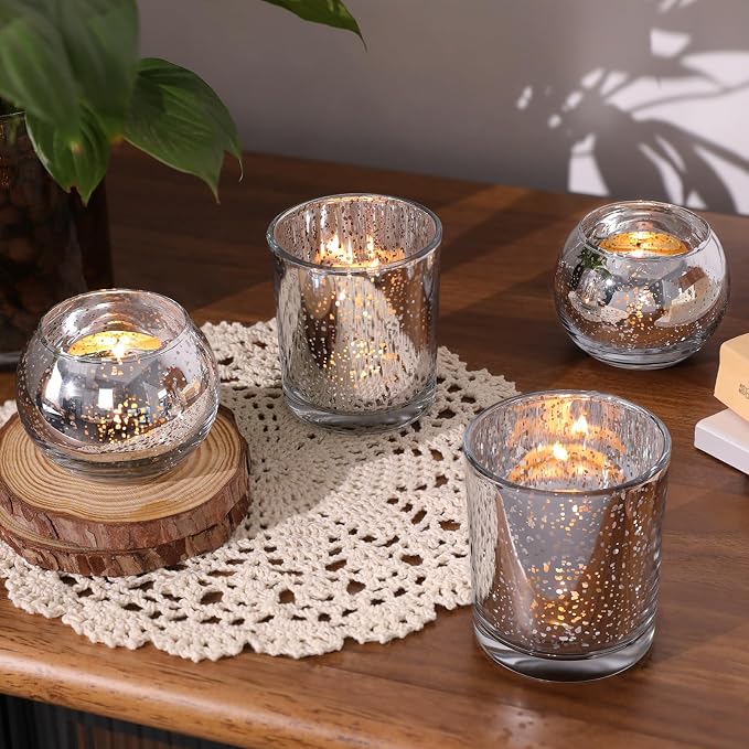 Volens 30pcs Assorted Silver Votive Candle Holders Bulk, Large Silver Wedding Centerpieces for Tables, Mercury Glass Votive & Tealight Candle Holders for Party Decorations and Home Decor