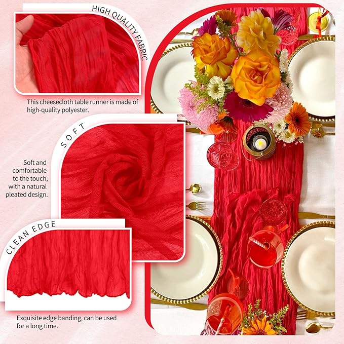 30 Pack Cheesecloth Table Runner 10FT Red Table Runner Boho Gauze Cheese Cloth Table Runners Long Rustic Sheer Table Decorations for Wedding Party Baby Bridal Shower Birthday Holiday Home