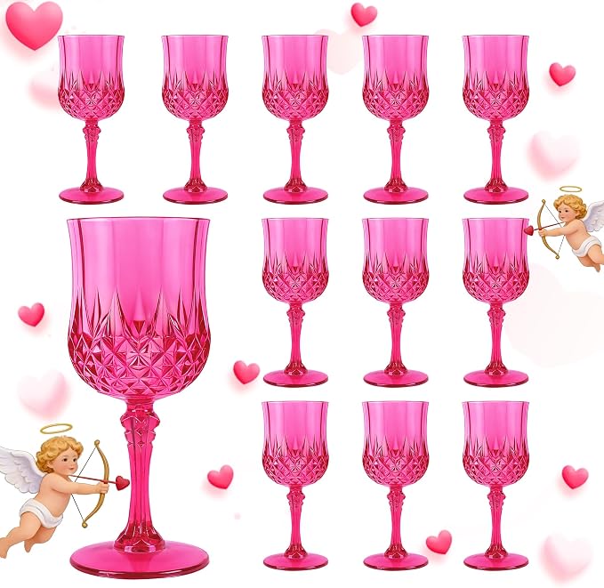 Plastic Wine Glasses, Plastic Goblets Vintage Style Cordial Unbreakable Drinking Glasses, Reusable Drinkware for Wedding Reception, Grand Event Party Supplies (12, Hot Pink)