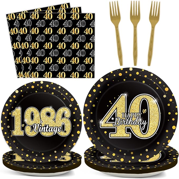 40th Theme Bithday Party Tableware Vintage 1986 Party Supplies 40 Year Old Birthday Decorations Plates Napkins Forks Black and Gold Dinnerware Favors for Men or Women