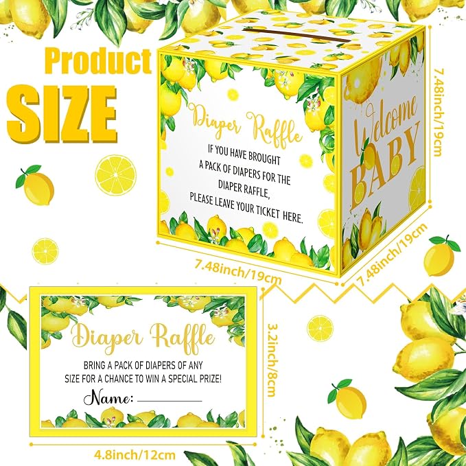 Teling 51 Pieces Diaper Raffle Tickets with Card Baby Shower Decorations Gender Reveal Holder Box for Girl Boy Diaper Raffle Party(A Little Lemon is on the Way)