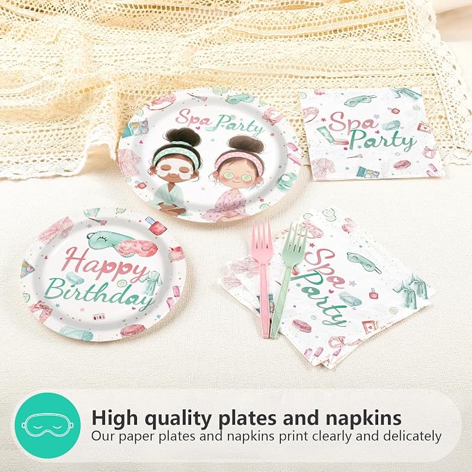 96Pcs Spa Birthday Party Supplies Slumber Sleepover Pajama Plates and Napkins Tableware Sets Pink Makeup Happy Birthday Dessert Plates Decorations Favors for Girls Baby Shower Holiday Party Serves 24