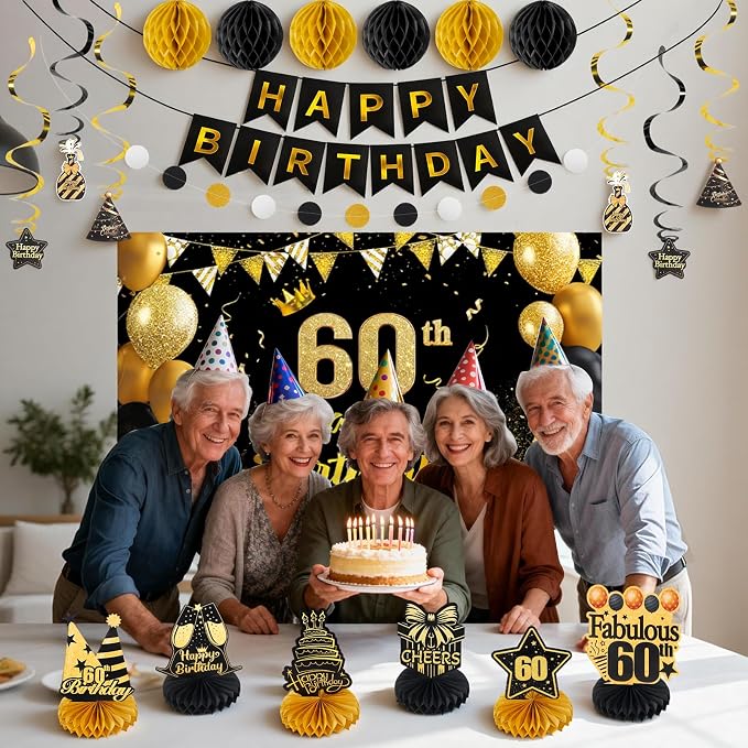 Happy 60th Birthday Party Decoration: Including Birthday Banner Backdrop, Party Table Centerpieces and Hanging Swirl Party Streamers, Birthday Decor for Men and Women (Gold/Black, 60th Birthday)