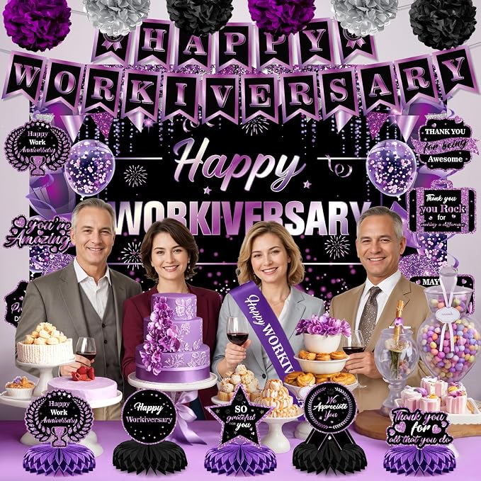 Happy Work Anniversary Decorations Black and Purple Happy Workiversary Banner Honeycomb Centerpieces Hanging Swirls Tissue Paper Pompoms Sash Set for Women Office Employee Worker Appreciation Supplies