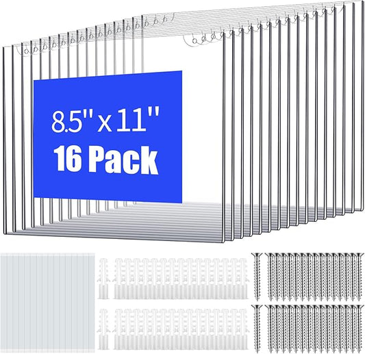 16 Pieces Acrylic Sign Holder 8.5 X 11 Wall Mount Sign Holder Clear Plastic Picture Frames with with Adhesive Tape, Plastic Expansion Tube and Mounting Screws for Home, Office, Store
