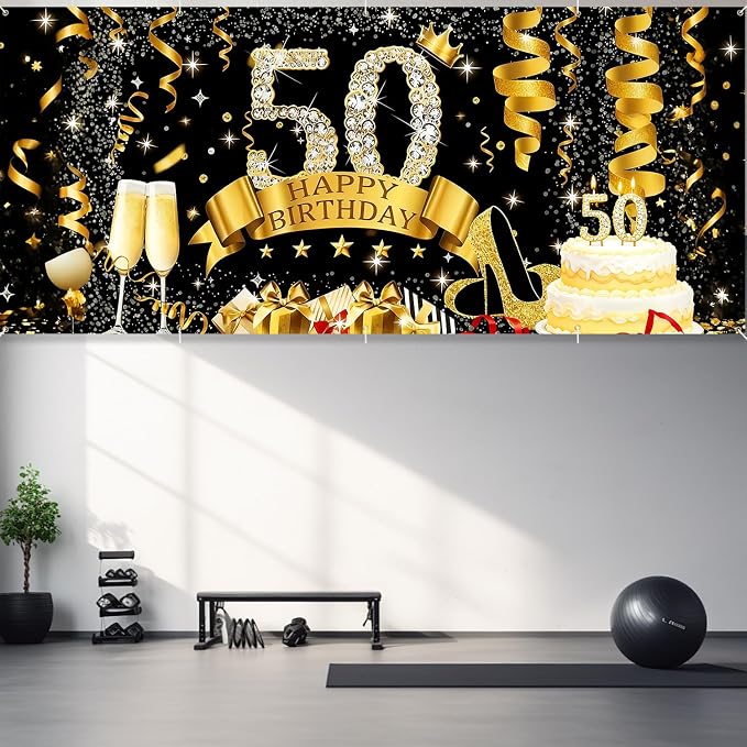 50th Birthday Garage Door Banner Cover 7x16ft Waterproof -Gold Glitter Diamond Backdrop, Luxury Milestone Party Decor for Adults, Anniversary Photo Booth Background
