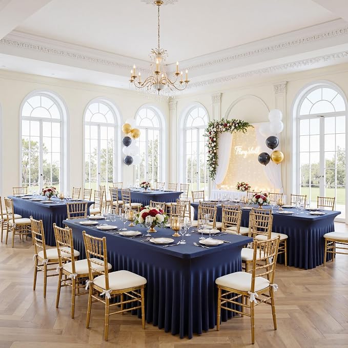 6 Pack Spandex Navy Blue Tablecloths for 6 Foot Rectangle Tables, Wrinkle Free Fitted Table Cloth 6ft Stretchy Table Skirt Cover for Parties Weddings Birthday Banquet Baby Shower