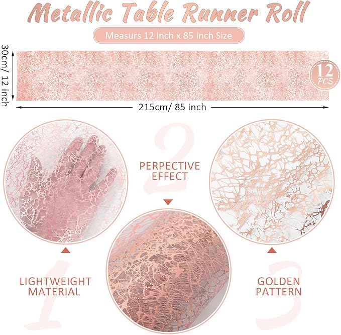 Chumia 12 Pieces Rose Gold Table Runner 12 x 85 Inch Sequin Glitter Table Runner Roll Metallic Thin Mesh Fabric Decor for Party Wedding Shower Birthday Baby Shower Party Supplies
