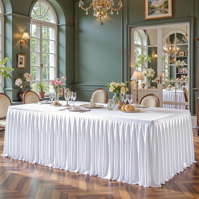 White Satin Tablecloths Rectangle 6FT, Glitter Spandex Fitted Stretch Table Covers Wrinkle-Free Floor Length Shimmer Table Skirt for Weddings Parties Baby Shower Banquets Vendor Events