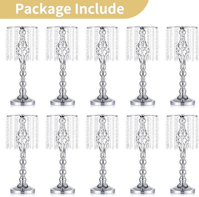 Nuptio 10 Pcs Silver Wedding Centerpieces Flower Stand, 21.7in/55cm Height Wedding Road Lead Flower Vases, Crystal Artificial Flower Arrangements for Wedding Party Birthday Event Reception Home Decor