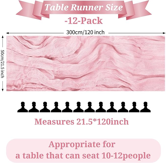 12 Pack Light Pink Table Runner, 10FT Cheesecloth Table Runner Long Romantic Semi Sheer Rustic Boho Gauze Table Runners for Wedding Bridal Shower Birthday Party Decorations(21.5×120 Inch)