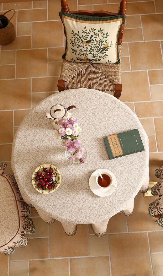 patdrea Vintage French Linen Tablecloth,Round,Diameter 67"-Cudillero | Elegant Floral Table Cloth for Round Table,Natural Beige Block Print,for Dining Room Tea Party Thanksgiving