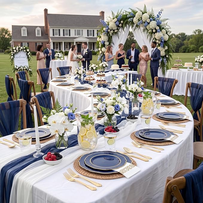 KIRE 210Pcs Navy Blue Plastic Plates - Blue and Gold Plates Disposable - 30guest Baroque Plastic Dinnerware for Upscale Wedding/Parties/Passover/Graduation