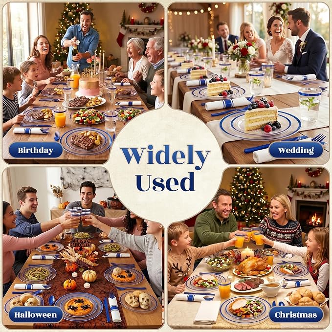 350pcs Plastic Plates for Party Clear & Blue | Disposable Plastic Dinnerware Set for 50 Guests Include 100 Plastic Plates,50 Cups & 50 Pre Rolled Napkins with Cutlery Set