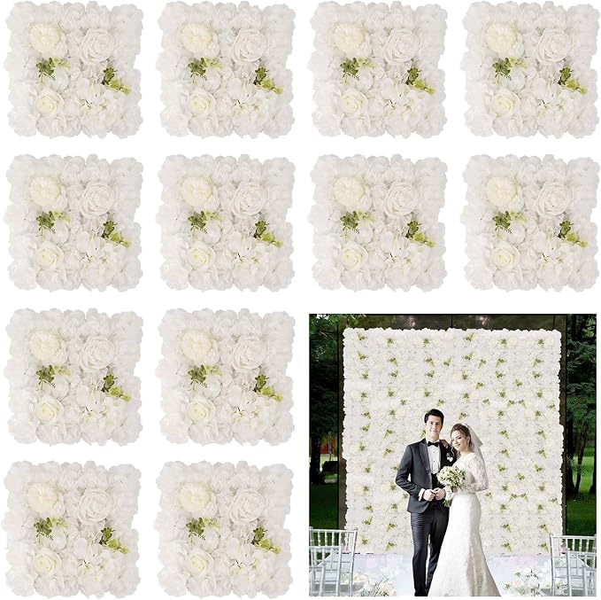 3D Flower Wall Backdrop - 12Pcs 15×15 Inch Artificial Rose Panels White Silk Floral Decor for Home Party Wedding Anniversary Birthday Photographic Studio Background & Decorative Fences