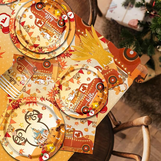 Hello Tableware Decoration,142pcs Fall Theme Mouse Pumpkin Dinnerware Include Mouse Plats Napkins Cups Plastic Fall Tablecloth for Thanksgiving Party Supplies(Serve 20)