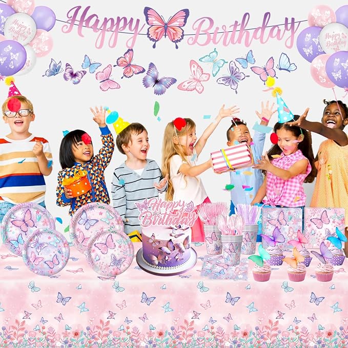 Butterfly Birthday Decorations, Girls Birthday Supplies - Plates, Napkins, Cups, Cutlery, Cake & Cupcake Toppers, Banner, Hanging Swirls, Tablecloth, Balloons for Butterfly Party Decorations, Serve 20
