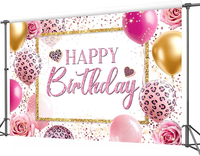 Happy Birthday Backdrop 7Wx5H Feet Polyester Fabric Pink Leopard Balloon Heart Elegant Flower Rose Plant Botanical Decoration Gold Glitter Girly Photography Background Photo Shoot Props