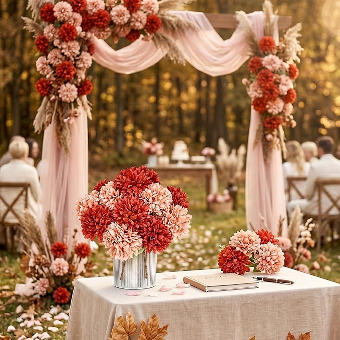 Pre-Made Flower Table Centerpieces, Set of 6 Artificial Silk Chrysanthemum with Metal Vases for Wedding, Birthday Parties, Home Decoration (Terracotta, Set of 6 Floral Arrangement)