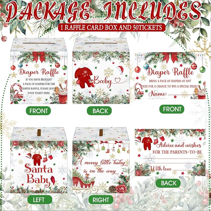 Teling 51 Pieces Diaper Raffle Tickets with Card Box Baby Shower Decorations Gender Reveal Holder Box for Girl Boy Diaper Raffle Party (A Santa Baby is on the Way)