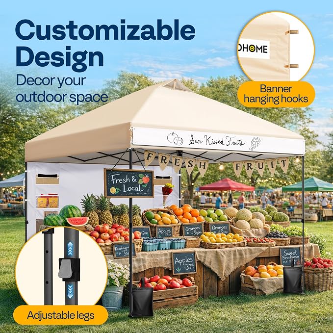 VIVOHOME 10x10ft Pop Up Canopy Tent with Sidewall and 6 Pockets, One Push Setup Outdoor Portable Shelter Tent Heavy Duty with Wheel Carry Bag and 4 Sandbags, Beige