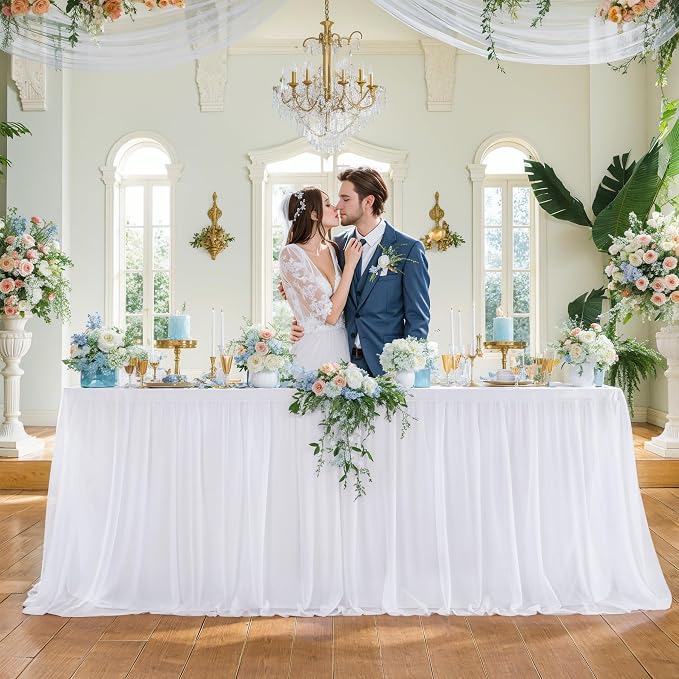 4 Pack White Tulle Tablecloths for 8 Foot Rectangular Tables, 8ft White Tulle Table Skirt, Wrinkle Free Table Cover with Tutu Skirt for Wedding Bridal Shower Birthday Party Banquet Buffet Cake Event